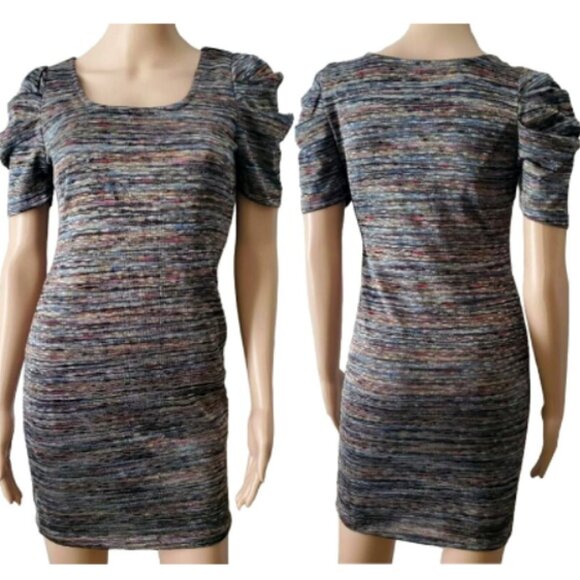Forever 21 Women’s Square Neck Striped Puff Sleeve Bodycon Knit Dress Medium - Picture 1 of 16